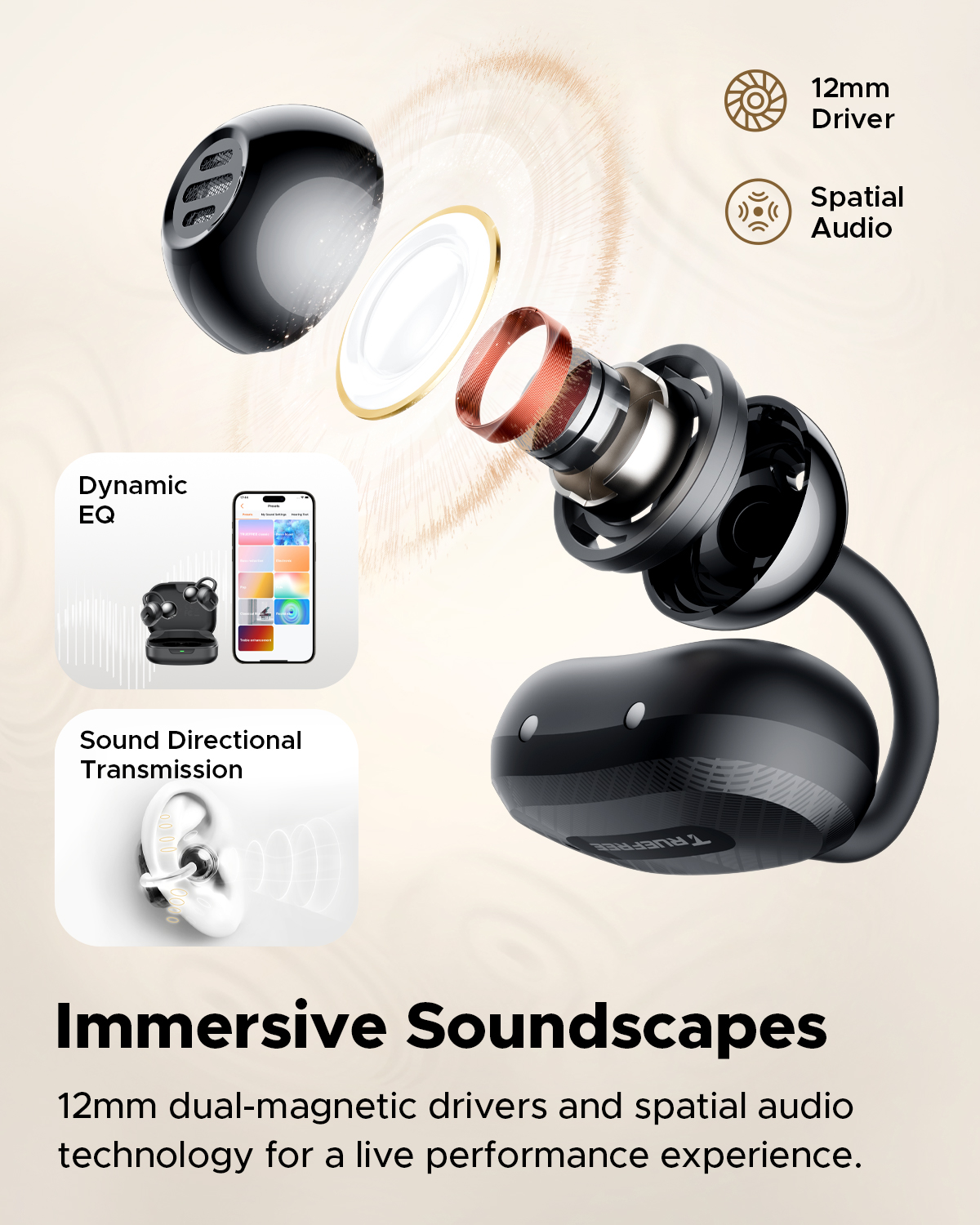 Truefree C10 Clip-On Wireless Earbuds, Bluetooth 5.4, 12mm Driver, Spatial Sound, 28H Playtime, IPX5, AI-ENC Calls, Dual Connection, App Customizable