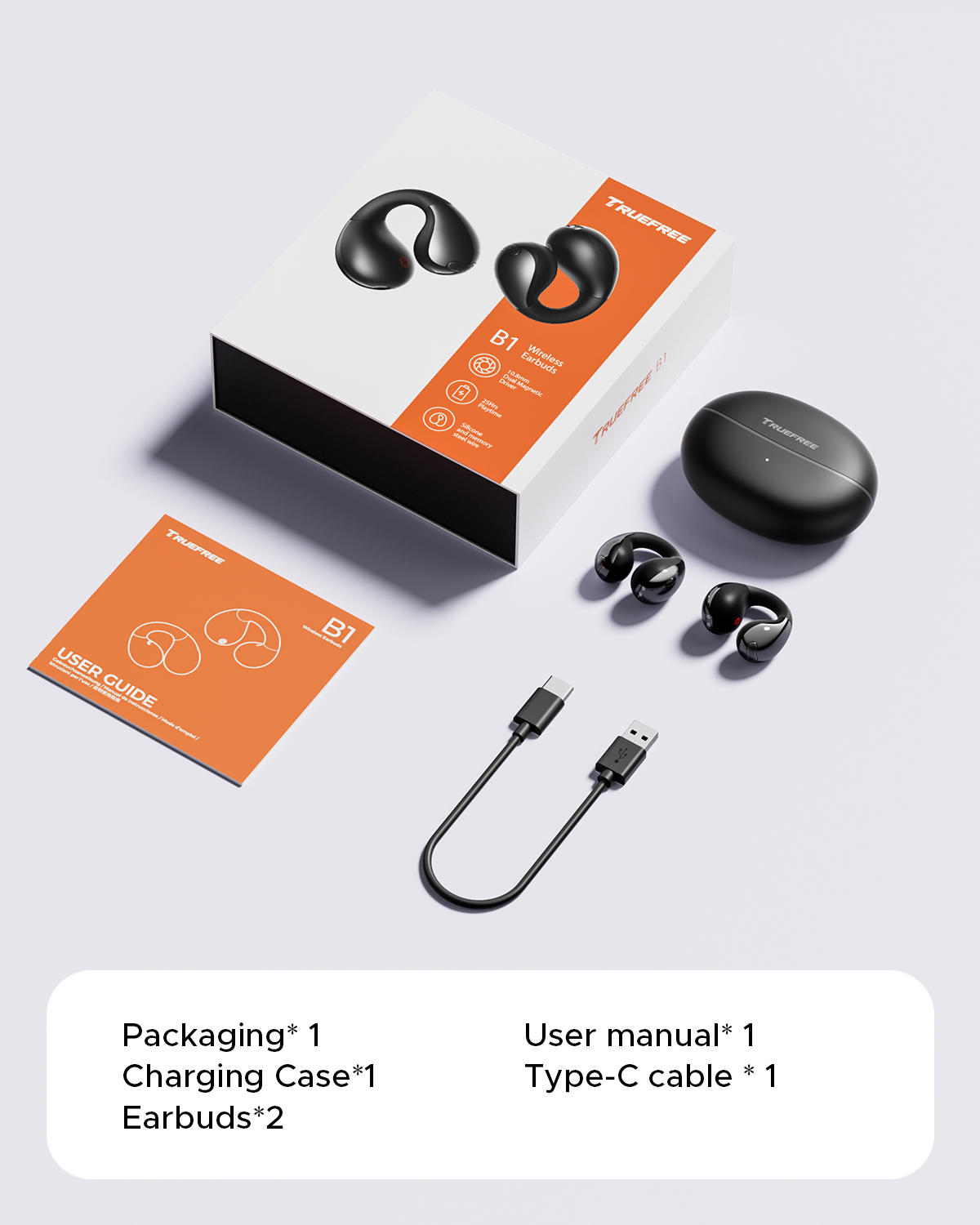 Truefree B1 Clip-On Wireless Earbuds, Bluetooth 5.4, Spatial Sound, 10.8mm Driver, 25H Playtime, Clear Calls, Multipoint, App Customizable