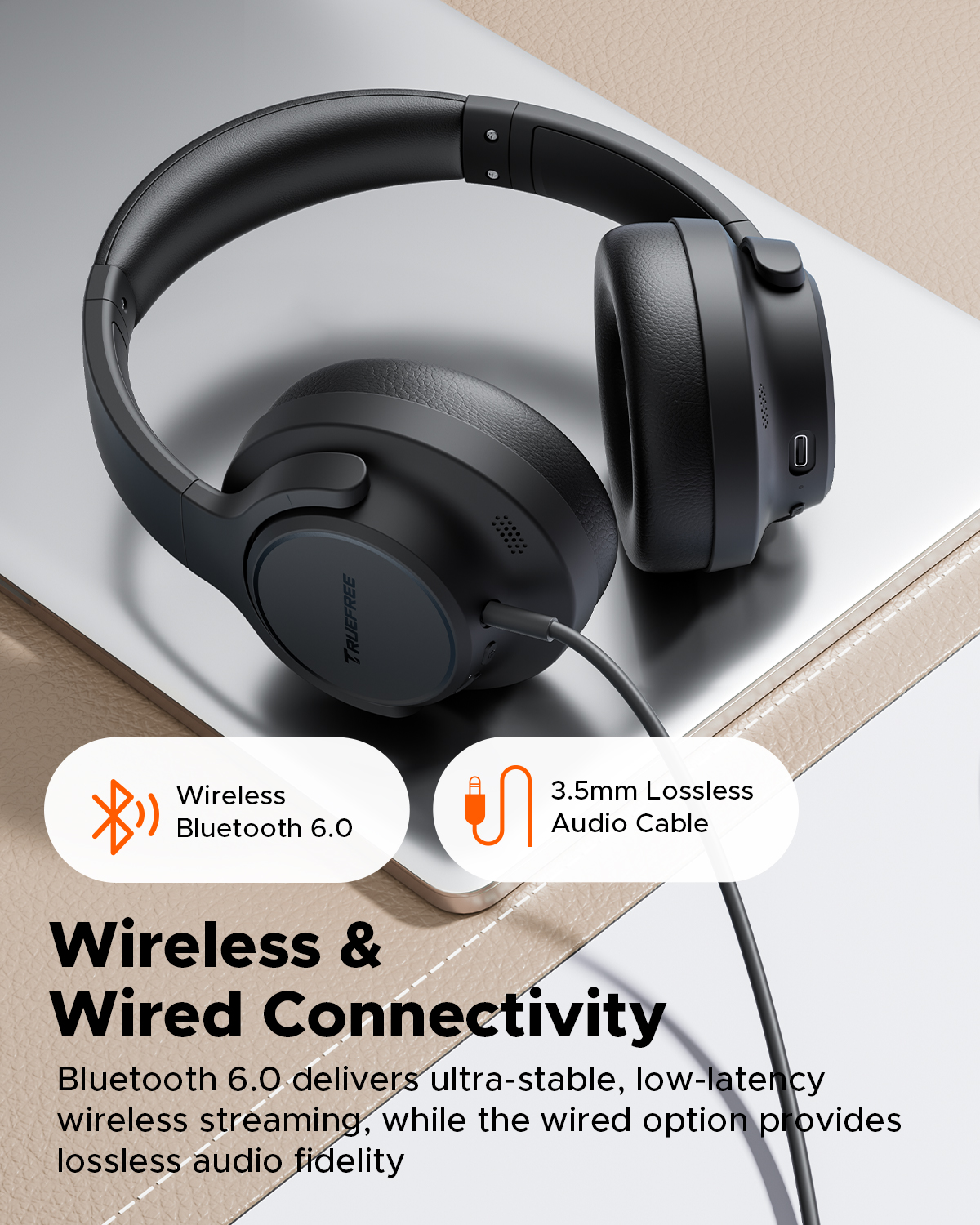 TRUEFREE HF-10 Bluetooth 6.0 Headphones with 40mm Driver | 125H Playtime, Hybrid Active Noise Cancelling, Customizable EQ